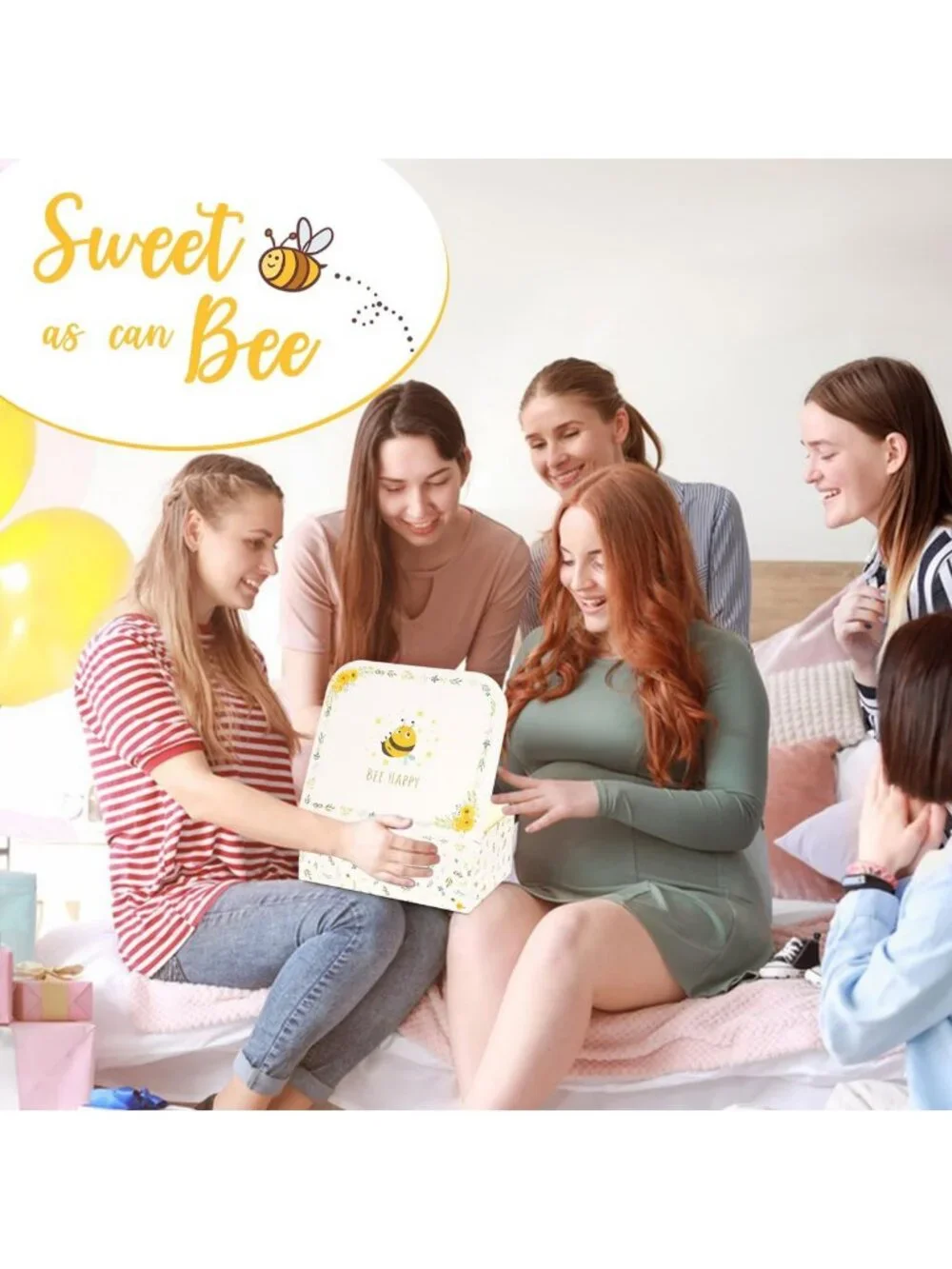 Newborn Baby Gift Set - Bee Shower Basket, Rattle, Blanket, Socks & Onesie